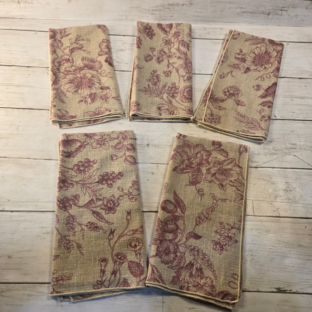 Vintage French Country Toile Cloth Napkins Set of 5 Burgundy Red Floral 17.5in